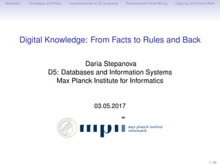 Motivation Ontologies and Rules Inconsistencies in DL-programs Nonmonotonic Rule Mining Ongoing and Future Work
Digital Knowledge: From Facts to Rules and Back
Daria Stepanova
D5: Databases and Information Systems
Max Planck Institute for Informatics
03.05.2017
1 / 38
 