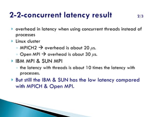 overhead in latency when using concurrent threads instead of processes Linux cluster MPICH2    overhead is about  20  μ s. Open MPI    overhead is about 30  μ s. IBM MPI & SUN MPI  the latency with threads is about 10 times the latency with processes. But still the IBM & SUN has the low latency compared with MPICH & Open MPI. 