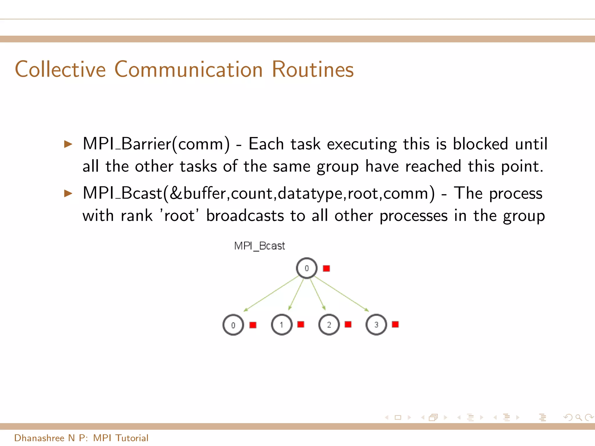 Collective Communication Routines
MPI Barrier(comm) - Each task executing this is blocked until
all the other tasks of the same group have reached this point.
MPI Bcast(&buﬀer,count,datatype,root,comm) - The process
with rank ’root’ broadcasts to all other processes in the group
Dhanashree N P: MPI Tutorial
 
