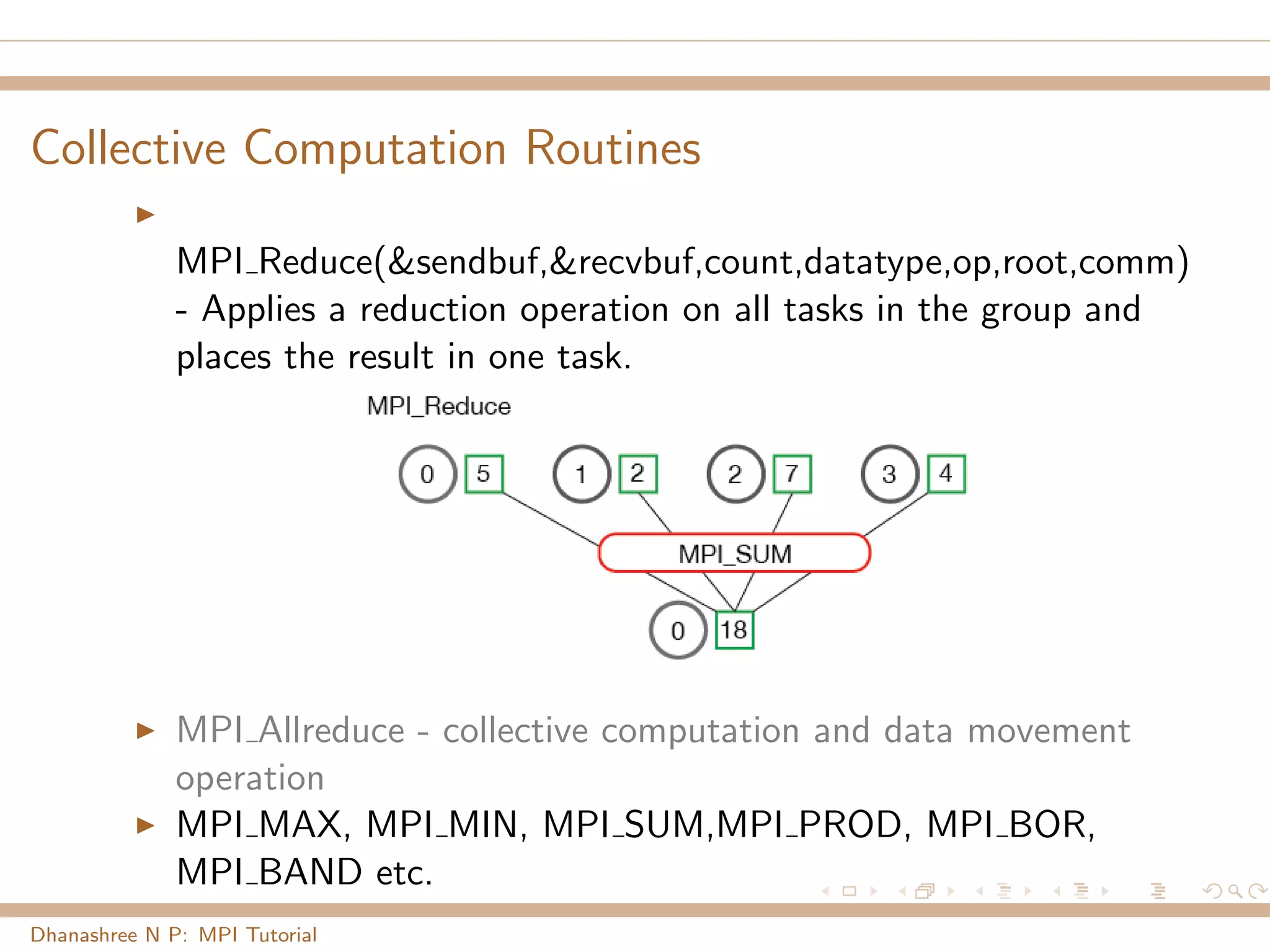 Collective Computation Routines
MPI Reduce(&sendbuf,&recvbuf,count,datatype,op,root,comm)
- Applies a reduction operation on all tasks in the group and
places the result in one task.
MPI Allreduce - collective computation and data movement
operation
MPI MAX, MPI MIN, MPI SUM,MPI PROD, MPI BOR,
MPI BAND etc.
Dhanashree N P: MPI Tutorial
 