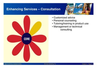 Services Marketing
Slide © 2010 by Lovelock & Wirtz Services Marketing 7/e Chapter 4 – Page 16
Enhancing Services – Consultation!
• Customized advice
• Personal counseling
• Tutoring/training in product use
• Management or technical
consulting
 