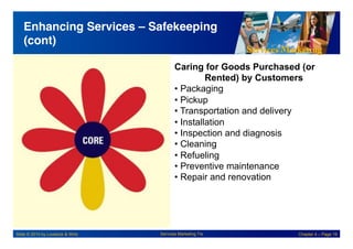 Services Marketing
Slide © 2010 by Lovelock & Wirtz Services Marketing 7/e Chapter 4 – Page 19
Enhancing Services – Safekeeping
(cont)!
Caring for Goods Purchased (or
Rented) by Customers
• Packaging
• Pickup
• Transportation and delivery
• Installation
• Inspection and diagnosis
• Cleaning
• Refueling
• Preventive maintenance
• Repair and renovation
 