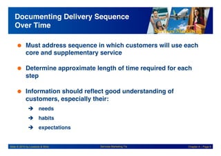 Services Marketing
Slide © 2010 by Lovelock & Wirtz Services Marketing 7/e Chapter 4 – Page 6
Documenting Delivery Sequence
Over Time!
 Must address sequence in which customers will use each
core and supplementary service!
 Determine approximate length of time required for each
step!
 Information should reflect good understanding of
customers, especially their: !
! needs!
! habits!
! expectations!
 