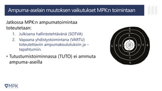 Ampuma-aselain muutoksen vaikutukset MPK:n toimintaan
Jatkossa MPK:n ampumatoimintaa
toteutetaan:
1. Julkisena hallintotehtävänä (SOTVA)
2. Vapaana yhdistystoimintana (VARTU)
toteutettaviin ampumakoulutuksiin ja –
tapahtumiin.
• Tutustumistoiminnassa (TUTO) ei ammuta
ampuma-aseilla
 