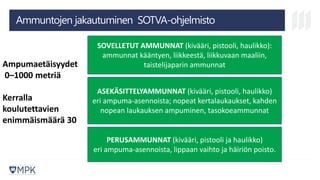 Ammuntojen jakautuminen SOTVA-ohjelmisto
PERUSAMMUNNAT (kivääri, pistooli ja haulikko)
eri ampuma-asennoista, lippaan vaihto ja häiriön poisto.
ASEKÄSITTELYAMMUNNAT (kivääri, pistooli, haulikko)
eri ampuma-asennoista; nopeat kertalaukaukset, kahden
nopean laukauksen ampuminen, tasokoeammunnat
SOVELLETUT AMMUNNAT (kivääri, pistooli, haulikko):
ammunnat kääntyen, liikkeestä, liikkuvaan maaliin,
taistelijaparin ammunnatAmpumaetäisyydet
0–1000 metriä
Kerralla
koulutettavien
enimmäismäärä 30
 