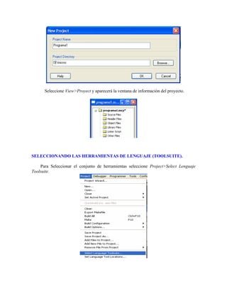 Seleccione View>Proyect y aparecerá la ventana de información del proyecto.
SELECCIONANDO LAS HERRAMIENTAS DE LENGUAJE (TOOLSUITE).
Para Seleccionar el conjunto de herramientas seleccione Project>Select Lenguaje
Toolsuite.
 
