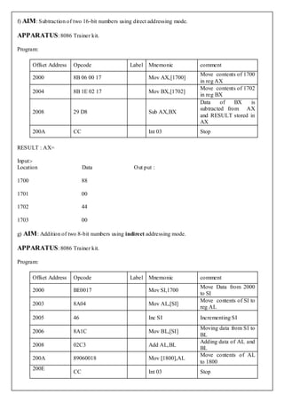 f) AIM : Subtraction of two 16-bit numbers using direct addressing mode.

APPARATUS : 8086 Trainer kit.

Program:

       Offset Address   Opcode                 Label Mnemonic              comment
                                                                           Move contents of 1700
       2000             8B 06 00 17                    Mov AX,[1700]
                                                                           in reg AX
                                                                           Move contents of 1702
       2004             8B 1E 02 17                    Mov BX,[1702]
                                                                           in reg BX
                                                                           Data     of   BX    is
                                                                           subtracted from AX
       2008             29 D8                          Sub AX,BX
                                                                           and RESULT stored in
                                                                           AX
       200A             CC                             Int 03              Stop

RESULT : AX=

Input:-
Location                     Data                Out put :

1700                         88

1701                         00

1702                         44

1703                         00

g) AIM : Addition of two 8-bit numbers using indirect addressing mode.

APPARATUS : 8086 Trainer kit.

Program:

       Offset Address   Opcode                 Label Mnemonic              comment
                                                                           Move Data from 2000
       2000             BE0017                         Mov SI,1700
                                                                           to SI
                                                                           Move contents of SI to
       2003             8A04                           Mov AL,[SI]
                                                                           reg AL
       2005             46                             Inc SI              Incrementing SI
                                                                           Moving data from SI to
       2006             8A1C                           Mov BL,[SI]
                                                                           BL
                                                                           Adding data of AL and
       2008             02C3                           Add AL,BL
                                                                           BL
                                                                           Move contents of AL
       200A             89060018                       Mov [1800],AL
                                                                           to 1800
       200E
                        CC                             Int 03              Stop
 