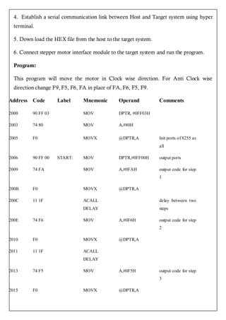 4. Establish a serial communication link between Host and Target system using hyper
  terminal.

  5. Down load the HEX file from the host to the target system.

  6. Connect stepper motor interface module to the target system and run the program.

  Program:

  This program will move the motor in Clock wise direction. For Anti Clock wise
  direction change F9, F5, F6, FA in place of FA, F6, F5, F9.

Address Code         Label      Mnemonic        Operand           Comments

2000      90 FF 03              MOV             DPTR, #0FF03H

2003      74 80                 MOV             A,#80H

2005      F0                    MOVX            @DPTR,A           Init ports of 8255 as
                                                                  all

2006      90 FF 00   START:     MOV             DPTR,#0FF00H      output ports

2009      74 FA                 MOV             A,#0FAH           output code for step
                                                                  1

200B      F0                    MOVX            @DPTR,A

200C      11 1F                 ACALL                             delay between two
                                DELAY                             steps

200E      74 F6                 MOV             A,#0F6H           output code for step
                                                                  2

2010      F0                    MOVX            @DPTR,A

2011      11 1F                 ACALL
                                DELAY

2013      74 F5                 MOV             A,#0F5H           output code for step
                                                                  3

2015      F0                    MOVX            @DPTR,A
 