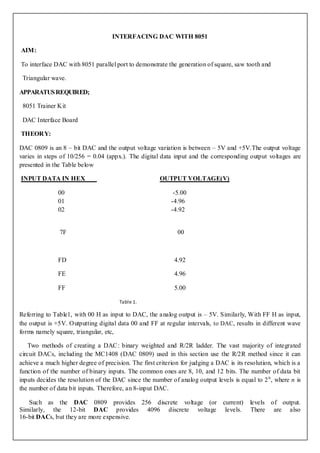 INTERFACING DAC WITH 8051

AIM:

To interface DAC with 8051 parallel port to demonstrate the generation of square, saw tooth and

 Triangular wave.

APPARATUS REQUIRED;

 8051 Trainer Kit

 DAC Interface Board

THEORY:

DAC 0809 is an 8 – bit DAC and the output voltage variation is between – 5V and +5V.The output voltage
varies in steps of 10/256 = 0.04 (appx.). The digital data input and the corresponding output voltages are
presented in the Table below

INPUT DATA IN HEX                                     OUTPUT VOLTAGE(V)

               00                                           -5.00
               01                                          -4.96
               02                                          -4.92


               7F                                            00



               FD                                           4.92

               FE                                           4.96

               FF                                           5.00

                                       Table 1.

Referring to Table1, with 00 H as input to DAC, the a nalog output is – 5V. Similarly, With FF H as input,
the output is +5V. Outputting digital data 00 and FF at regular intervals, to DAC, results in different wave
forms namely square, triangular, etc,

    Two methods of creating a DAC : binary weighted and R/2R ladder. The vast majority of integrated
circuit DACs, including the MC1408 (DAC 0809) used in this section use the R/2R method since it can
achieve a much higher degree of precision. The first criterion for judging a DAC is its resolution, which is a
function of the number of binary inputs. The common ones are 8, 10, and 12 bits. The number of data bit
inputs decides the resolution of the DAC since the number of analog output levels is equal to 2 n , where n is
the number of data bit inputs. Therefore, an 8-input DAC.

   Such as the DAC 0809 provides 256 discrete voltage (or current)                        levels of output.
Similarly, the 12-bit DAC provides 4096 discrete voltage levels.                          There are also
16-bit DACs, but they are more expensive.
 