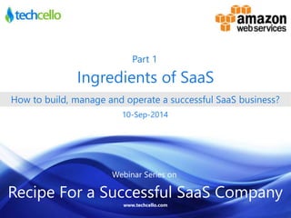 Part 1 
Ingredients of SaaS 
21-Nov-2013 
How to build, manage and operate a successful SaaS business? 
10-Sep-2014 
Webinar Series on 
Recipe For a Successful SaaS Company 
www.techcello.com 
 