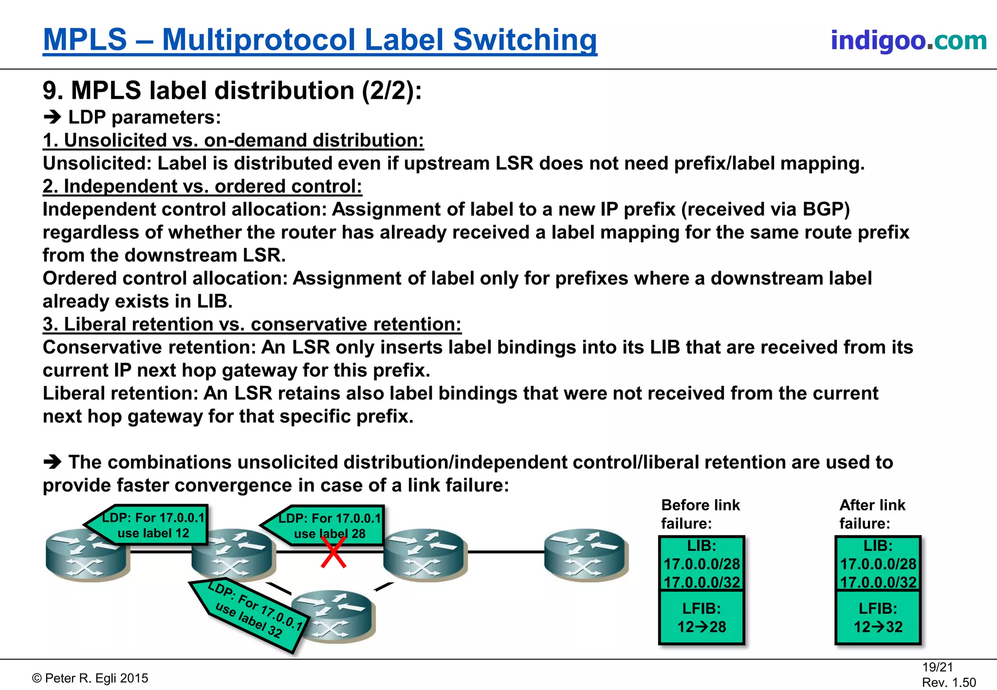 © Peter R. Egli 2015
19/21
Rev. 1.50
MPLS – Multiprotocol Label Switching indigoo.com
9. MPLS label distribution (2/2):
 LDP parameters:
1. Unsolicited vs. on-demand distribution:
Unsolicited: Label is distributed even if upstream LSR does not need prefix/label mapping.
2. Independent vs. ordered control:
Independent control allocation: Assignment of label to a new IP prefix (received via BGP)
regardless of whether the router has already received a label mapping for the same route prefix
from the downstream LSR.
Ordered control allocation: Assignment of label only for prefixes where a downstream label
already exists in LIB.
3. Liberal retention vs. conservative retention:
Conservative retention: An LSR only inserts label bindings into its LIB that are received from its
current IP next hop gateway for this prefix.
Liberal retention: An LSR retains also label bindings that were not received from the current
next hop gateway for that specific prefix.
 The combinations unsolicited distribution/independent control/liberal retention are used to
provide faster convergence in case of a link failure:
LDP: For 17.0.0.1
use label 28
LIB:
17.0.0.0/28
17.0.0.0/32
LFIB:
1228
LDP: For 17.0.0.1
use label 12
LIB:
17.0.0.0/28
17.0.0.0/32
LFIB:
1232
Before link
failure:
After link
failure:
 