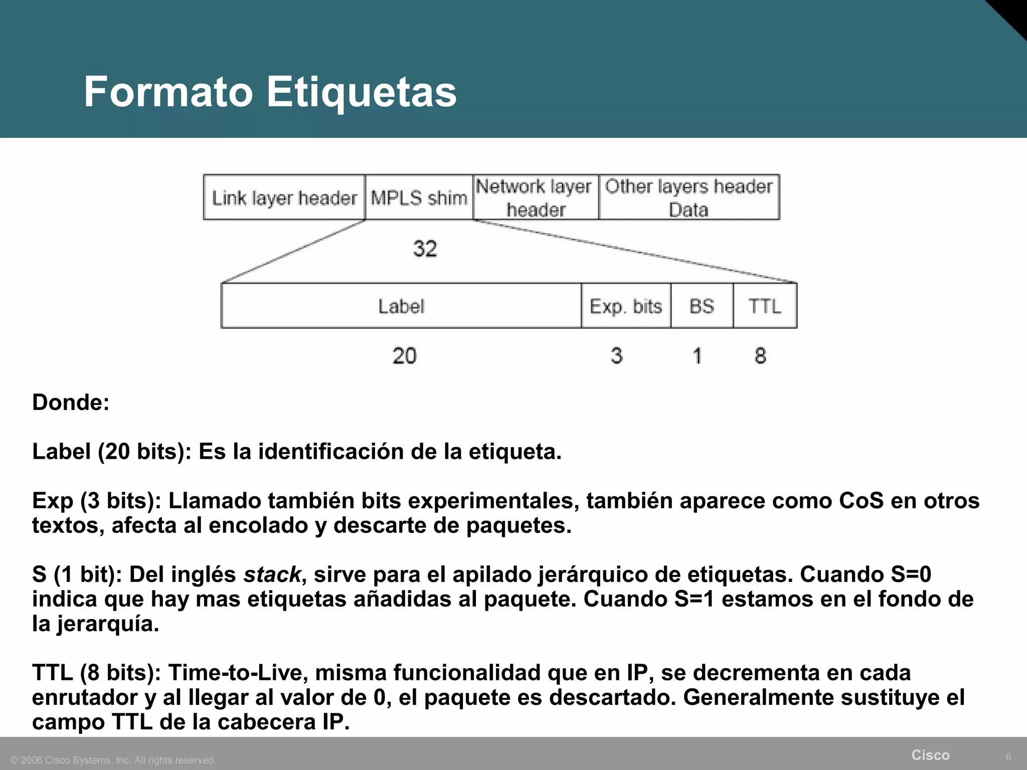 Formato Etiquetas




    Donde:

    Label (20 bits): Es la identificación de la etiqueta.

    Exp (3 bits): Llamado también bits experimentales, también aparece como CoS en otros
    textos, afecta al encolado y descarte de paquetes.

    S (1 bit): Del inglés stack, sirve para el apilado jerárquico de etiquetas. Cuando S=0
    indica que hay mas etiquetas añadidas al paquete. Cuando S=1 estamos en el fondo de
    la jerarquía.

    TTL (8 bits): Time-to-Live, misma funcionalidad que en IP, se decrementa en cada
    enrutador y al llegar al valor de 0, el paquete es descartado. Generalmente sustituye el
    campo TTL de la cabecera IP.
© 2006 Cisco Systems, Inc. All rights reserved.                                       Cisco    6
 