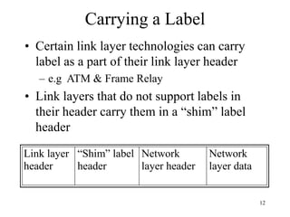 12
Carrying a Label
• Certain link layer technologies can carry
label as a part of their link layer header
– e.g ATM & Frame Relay
• Link layers that do not support labels in
their header carry them in a “shim” label
header
Link layer
header
“Shim” label
header
Network
layer header
Network
layer data
 