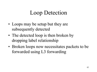43
Loop Detection
• Loops may be setup but they are
subsequently detected
• The detected loop is then broken by
dropping label relationship
• Broken loops now necessitates packets to be
forwarded using L3 forwarding
 