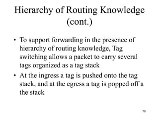 70
Hierarchy of Routing Knowledge
(cont.)
• To support forwarding in the presence of
hierarchy of routing knowledge, Tag
switching allows a packet to carry several
tags organized as a tag stack
• At the ingress a tag is pushed onto the tag
stack, and at the egress a tag is popped off a
the stack
 