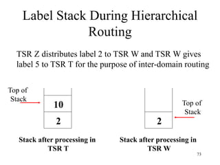 73
Label Stack During Hierarchical
Routing
Top of
Stack
2
Stack after processing in
TSR W
10
2
Stack after processing in
TSR T
Top of
Stack
TSR Z distributes label 2 to TSR W and TSR W gives
label 5 to TSR T for the purpose of inter-domain routing
 