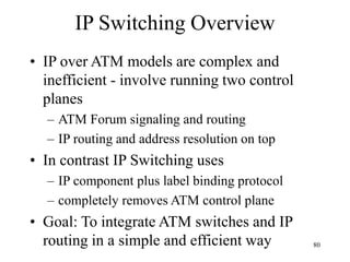 80
IP Switching Overview
• IP over ATM models are complex and
inefficient - involve running two control
planes
– ATM Forum signaling and routing
– IP routing and address resolution on top
• In contrast IP Switching uses
– IP component plus label binding protocol
– completely removes ATM control plane
• Goal: To integrate ATM switches and IP
routing in a simple and efficient way
 