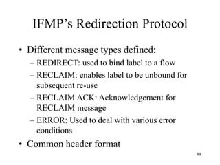 88
IFMP’s Redirection Protocol
• Different message types defined:
– REDIRECT: used to bind label to a flow
– RECLAIM: enables label to be unbound for
subsequent re-use
– RECLAIM ACK: Acknowledgement for
RECLAIM message
– ERROR: Used to deal with various error
conditions
• Common header format
 