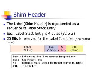 Shim Header
 The Label (Shim Header) is represented as a
sequence of Label Stack Entry
 Each Label Stack Entry is 4 bytes (32 bits)
 20 Bits is reserved for the Label Identifier (also named
Label)
Label
(20 bits)
Exp
(3 bits)
S
(1 bit)
TTL
(8bits)
Label : Label value (0 to 15 are reserved for special use)
Exp : Experimental Use
S : Bottom of Stack (set to 1 for the last entry in the label)
TTL : Time To Live
 