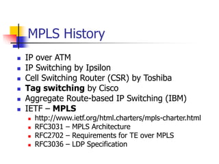 MPLS History
 IP over ATM
 IP Switching by Ipsilon
 Cell Switching Router (CSR) by Toshiba
 Tag switching by Cisco
 Aggregate Route-based IP Switching (IBM)
 IETF – MPLS
 http://www.ietf.org/html.charters/mpls-charter.html
 RFC3031 – MPLS Architecture
 RFC2702 – Requirements for TE over MPLS
 RFC3036 – LDP Specification
 