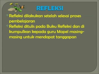 Refleksi dilakukan setelah selesai proses
pembelajaran
Refleksi ditulis pada Buku Refleksi dan di
kumpulkan kepada guru Mapel masing-
masing untuk mendapat tanggapan
 