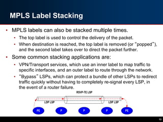 MPLS Label Stacking
• MPLS labels can also be stacked multiple times.
• The top label is used to control the delivery of the packet.
• When destination is reached, the top label is removed (or “popped”),
and the second label takes over to direct the packet further.
• Some common stacking applications are:
• VPN/Transport services, which use an inner label to map traffic to
specific interfaces, and an outer label to route through the network.
• “Bypass” LSPs, which can protect a bundle of other LSPs to redirect
traffic quickly without having to completely re-signal every LSP, in
the event of a router failure.
13
 