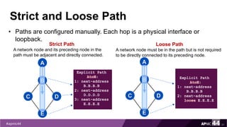 Strict and Loose Path
31
• Paths are configured manually. Each hop is a physical interface or
loopback.
Strict Path
A network node and its preceding node in the
path must be adjacent and directly connected.
Loose Path
A network node must be in the path but is not required
to be directly connected to its preceding node.
A
B
C D
E
A
B
C D
E
 