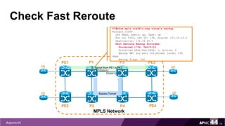 Check Fast Reroute
54
PE1
PE2
MPLS Network
PE3
PE4
P1
P2
CE
CE
CE
CE
TE Tunnel from PE1 to PE3
P3
P4
Bypass Tunnel
TE0/0/12
TE0/0/12
P1#show mpls traffic-eng tunnels backup
Router2_t1000
LSP Head, Admin: up, Oper: up
Tun ID: 1000, LSP ID: 134, Source: 172.16.15.2
Destination: 172.16.15.5
Fast Reroute Backup Provided:
Protected i/fs: Te0/0/12
Protected LSPs/Sub-LSPs: 1, Active: 0
Backup BW: any pool unlimited; inuse: 256
kbps
Backup flags: 0x0
 