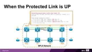 When the Protected Link is UP
55
PE1
PE2
MPLS Network
PE3
PE4
P1
P2
CE
CE
CE
CE
TE Tunnel from PE1 to PE3
P3
P4
TE0/0/12
TE0/0/12
Router1#traceroute mpls traffic-eng tunnel 100
Tracing MPLS TE Label Switched Path on Tunnel100, timeout is 2
seconds
Type escape sequence to abort.
0 172.16.10.2 MRU 1512 [Labels: 201 Exp: 0]
L 1 172.16.10.1 MRU 1512 [Labels: 521 Exp: 0] 3 ms
L 2 172.16.12.2 MRU 1500 [Labels: implicit-null Exp: 0] 3 ms
! 3 172.16.10.26 3 ms
 
