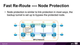 Fast Re-Route ---- Node Protection
• Node protection is similar to link protection in most ways, the
backup tunnel is set up to bypass the protected node.
59
PE1
PE2
MPLS Network
PE3
PE4
P1
P2
CE
CE
CE
CE
TE Tunnel from PE1 to PE3
P3
P4
Bypass Tunnel
Set up a bypass
tunnel from P1
to PE3 to
protect the node
P3 and also the
links.
 