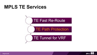 MPLS TE Services
TE Fast Re-Route
TE Path Protection
TE Tunnel for VRF
65
 