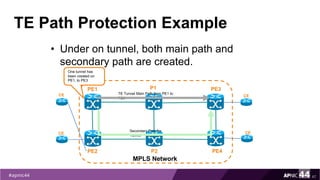 TE Path Protection Example
• Under on tunnel, both main path and
secondary path are created.
67
PE1
PE2
MPLS Network
PE3
PE4
P1
P2
TE Tunnel Main Path from PE1 to
PE3
CE
CE
CE
CESecondary Path for
Tunnel
One tunnel has
been created on
PE1, to PE3
 