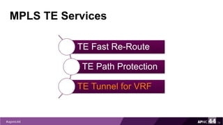 MPLS TE Services
TE Fast Re-Route
TE Path Protection
TE Tunnel for VRF
74
 