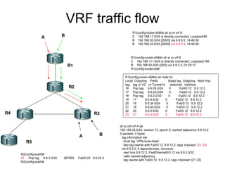VRF traffic flow R1 R2 R4 R3 R5 A B A B R1(config-router-af)#do sh ip ro vrf A C  192.168.11.0/24 is directly connected, Loopback99 B  192.168.55.0/24 [200/0] via 9.9.5.5, 14:46:30 B  192.168.33.0/24 [200/0]  via 9.9.3.3 , 14:46:30 R1(config-router-af)#do sh ip ro vrf B C  192.168.111.0/24 is directly connected, Loopback199 B  192.168.33.0/24 [20/0] via 9.9.3.3, 01:23:12 R1(config-router-af)# sh ip cef vrf A de  192.168.33.0/24, version 13, epoch 0, cached adjacency 9.9.12.2 0 packets, 0 bytes tag information set local tag: VPN-route-head fast tag rewrite with Fa0/0.12, 9.9.12.2, tags imposed:  {21 23} via 9.9.3.3, 0 dependencies, recursive next hop 9.9.12.2, FastEthernet0/0.12 via 9.9.3.3/32 valid cached adjacency tag rewrite with Fa0/0.12, 9.9.12.2, tags imposed: {21 23} R1(config-router-af)#do sh mpls for  Local  Outgoing  Prefix  Bytes tag  Outgoing  Next Hop  tag  tag or VC  or Tunnel Id  switched  interface  16  Pop tag  9.9.24.0/24  0  Fa0/0.12  9.9.12.2  17  Pop tag  9.9.23.0/24  0  Fa0/0.12  9.9.12.2  18  Pop tag  9.9.2.2/32  0  Fa0/0.12  9.9.12.2  19  17  9.9.4.4/32  0  Fa0/0.12  9.9.12.2  20  16  9.9.34.0/24  0  Fa0/0.12  9.9.12.2  21  18  9.9.45.0/24  0  Fa0/0.12  9.9.12.2  22  20  9.9.5.5/32  0  Fa0/0.12  9.9.12.2  23  21  9.9.3.3/32  0  Fa0/0.12  9.9.12.2  R2(config-subif)# 21   Pop tag  9.9.3.3/32  287059  Fa0/0.23  9.9.23.3  R2(config-subif)# 