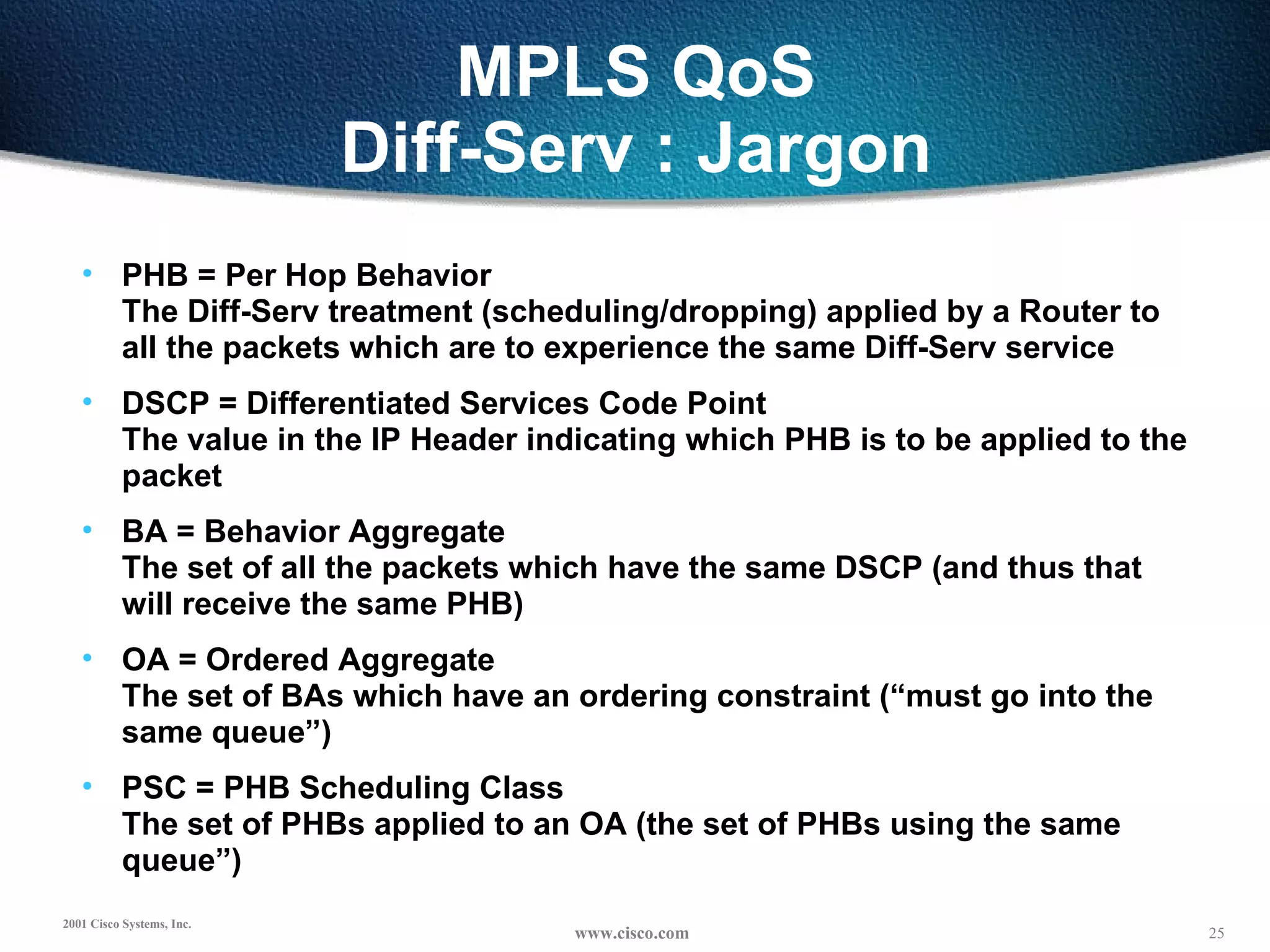 MPLS QoS Diff-Serv : Jargon PHB = Per Hop Behavior The Diff-Serv treatment (scheduling/dropping) applied by a Router to all the packets which are to experience the same Diff-Serv service DSCP = Differentiated Services Code Point The value in the IP Header indicating which PHB is to be applied to the packet BA = Behavior Aggregate The set of all the packets which have the same DSCP (and thus that will receive the same PHB) OA = Ordered Aggregate The set of BAs which have an ordering constraint (“must go into the same queue”) PSC = PHB Scheduling Class The set of PHBs applied to an OA (the set of PHBs using the same queue”) 