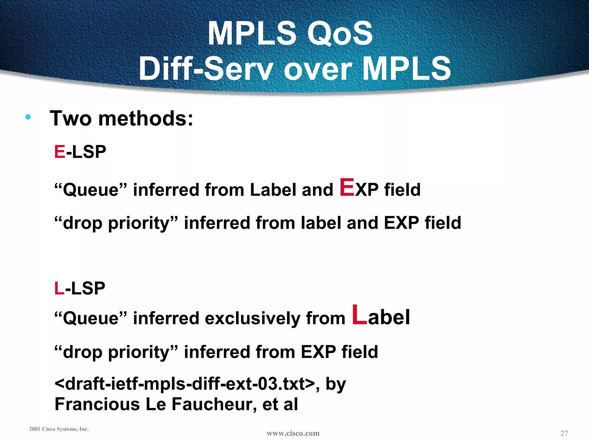 MPLS QoS  Diff-Serv over MPLS Two methods: E -LSP “ Queue” inferred from Label and  E XP field “ drop priority” inferred from label and EXP field L -LSP “Queue” inferred exclusively from  L abel  “ drop priority” inferred from EXP field <draft-ietf-mpls-diff-ext-03.txt>, by   Francious Le Faucheur, et al 