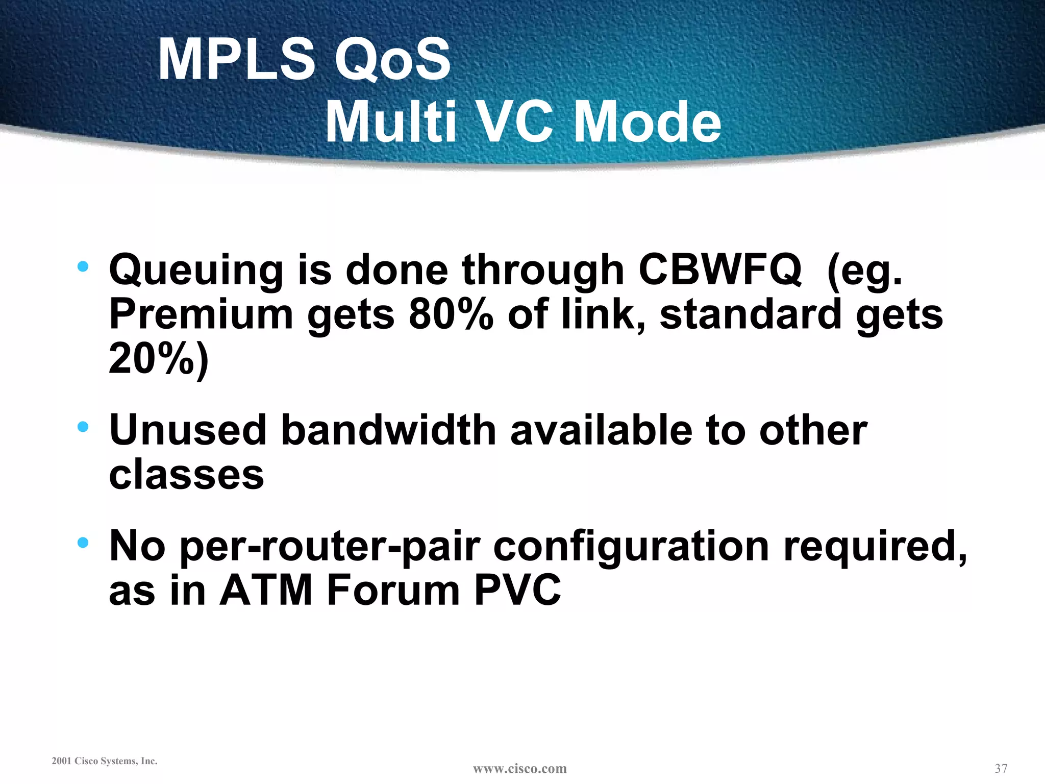 MPLS QoS  Multi VC Mode Queuing is done through CBWFQ  (eg. Premium gets 80% of link, standard gets 20%) Unused bandwidth available to other classes No per-router-pair configuration required, as in ATM Forum PVC 