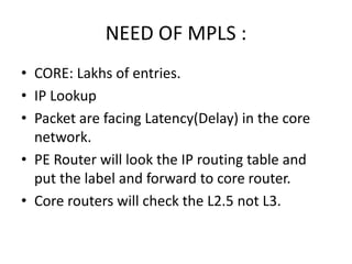 NEED OF MPLS :
• CORE: Lakhs of entries.
• IP Lookup
• Packet are facing Latency(Delay) in the core
network.
• PE Router will look the IP routing table and
put the label and forward to core router.
• Core routers will check the L2.5 not L3.
 
