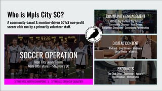 COMMUNITY ENGAGEMENT
YMCA - Big Brothers Big Sisters
Community Cleanup - Food Drives
Equipment Donations - Community Partnerships
PRODUCTS
The Club Shop - Teamwear - Apparel
Merchandise - Membership
Who is Mpls City SC?
A community-based & member-driven 501c3 non-proﬁt
soccer club run by a primarily volunteer staff.
SOCCER OPERATION
Mpls City Senior Teams
Mpls City Futures - Stegman’s SC
DIGITAL CONTENT
Podcast - Live Stream - Webinars
Social Media - eSports
3-TIME NPSL NORTH CHAMPIONS || 3-TIME U.S. OPEN CUP QUALIFIER
 