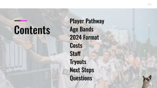 Contents
Player Pathway
Age Bands
2024 Format
Costs
Staff
Tryouts
Next Steps
Questions
 