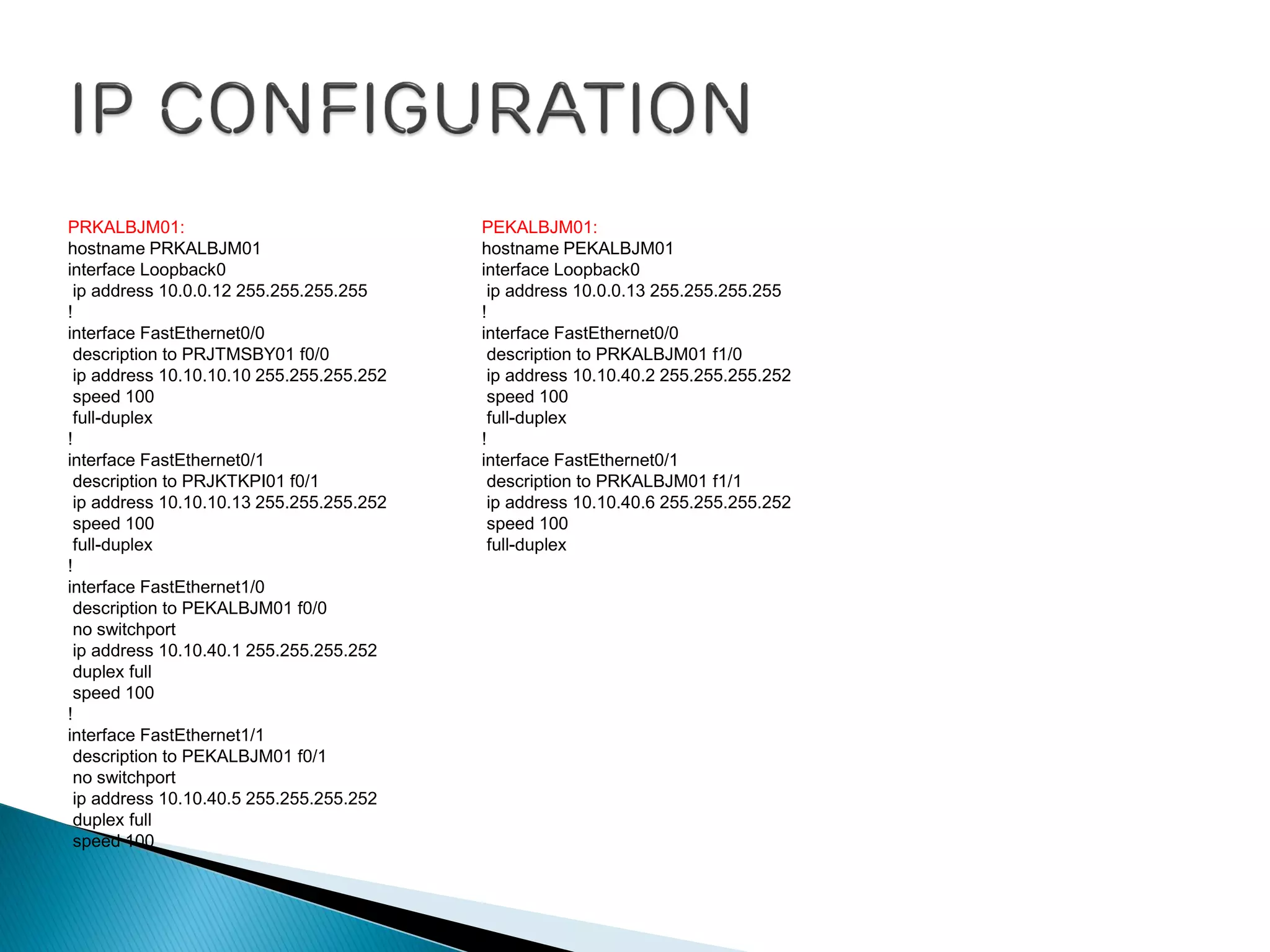 PRKALBJM01:
hostname PRKALBJM01
interface Loopback0
ip address 10.0.0.12 255.255.255.255
!
interface FastEthernet0/0
description to PRJTMSBY01 f0/0
ip address 10.10.10.10 255.255.255.252
speed 100
full-duplex
!
interface FastEthernet0/1
description to PRJKTKPI01 f0/1
ip address 10.10.10.13 255.255.255.252
speed 100
full-duplex
!
interface FastEthernet1/0
description to PEKALBJM01 f0/0
no switchport
ip address 10.10.40.1 255.255.255.252
duplex full
speed 100
!
interface FastEthernet1/1
description to PEKALBJM01 f0/1
no switchport
ip address 10.10.40.5 255.255.255.252
duplex full
speed 100
PEKALBJM01:
hostname PEKALBJM01
interface Loopback0
ip address 10.0.0.13 255.255.255.255
!
interface FastEthernet0/0
description to PRKALBJM01 f1/0
ip address 10.10.40.2 255.255.255.252
speed 100
full-duplex
!
interface FastEthernet0/1
description to PRKALBJM01 f1/1
ip address 10.10.40.6 255.255.255.252
speed 100
full-duplex
 