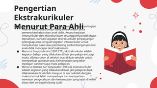 Pengertian
Ekstrakurikuler
Menurut Para Ahli
● Menurut Lutan (1986:72), ekstrakurikuler merupakan bagian
internal dari proses belajar yang menekankan pada
pemenuhan kebutuhan anak didik. Antara kegiatan
intrakurikuler dan ekstrakurikuler sesungguhnya tidak dapat
dipisahkan, bahkan kegiatan ekstrakurikuler perpanjangan
pelengkap atau penguat kegiatan intrakurikuler untuk
menyalurkan bakat atau pendorong perkembangan potensi
anak didik mencapai taraf maksimum.
● Menurut Suryosubroto (1997:271), ekstrakurikuler adalah
kegiatan belajar yang dilakukan di luar jam pelajaran tatap
muka, dilaksanakan di sekolah atau di luar sekolah untuk
memperluas wawasan atau kemampuan yang telah
dipelajari dari berbagai mata pelajaran.
● Menurut Usman dan Setyowati (1993:22), ekstrakurikuler
adalah kegiatan yang dilakukan di luar jam pelajaran baik
dilaksanakan di sekolah maupun di luar sekolah dengan
maksud untuk lebih memperkaya dan memperluas
wawasan pengetahuan dan kemampuan yang telah di miliki
siswa dari berbagai bidang studi.
 