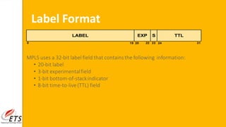 Label Format
MPLS uses a 32-bit label field that containsthe following information:
• 20-bit label
• 3-bit experimentalfield
• 1-bit bottom-of-stackindicator
• 8-bit time-to-live(TTL) field
 