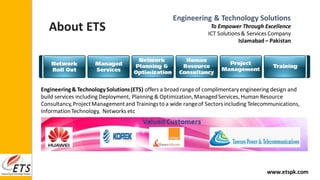 About ETS
Engineering& TechnologySolutions(ETS) offers a broad range of complimentary engineering design and
build services including Deployment, Planning & Optimization,ManagedServices, Human Resource
Consultancy,ProjectManagementand Trainingsto a wide rangeof Sectorsincluding Telecommunications,
InformationTechnology, Networks etc
Engineering & Technology Solutions
To Empower Through Excellence
ICT Solutions& Services Company
Islamabad – Pakistan
www.etspk.com
 