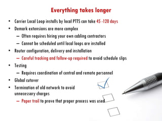 Everything takes longer Carrier Local Loop installs by local PTTS can take  45 -120 days Demark extensions are more complex Often requires hiring your own cabling contractors Cannot be scheduled until local loops are installed Router configuration, delivery and installation Careful tracking and follow-up required  to avoid schedule slips Testing Requires coordination of central and remote personnel Global cutover Termination of old network to avoid  unnecessary charges Paper trail  to prove that proper process was used 