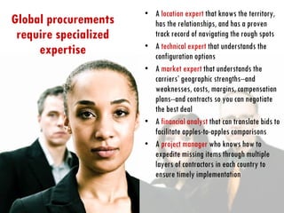 A  location expert  that knows the territory, has the relationships, and has a proven track record of navigating the rough spots A  technical expert  that understands the configuration options A  market expert  that understands the carriers’ geographic strengths--and weaknesses, costs, margins, compensation plans--and contracts so you can negotiate the best deal A  financial analyst  that can translate bids to facilitate apples-to-apples comparisons A  project manager  who knows how to expedite missing items through multiple layers of contractors in each country to ensure timely implementation Global procurements require specialized expertise 