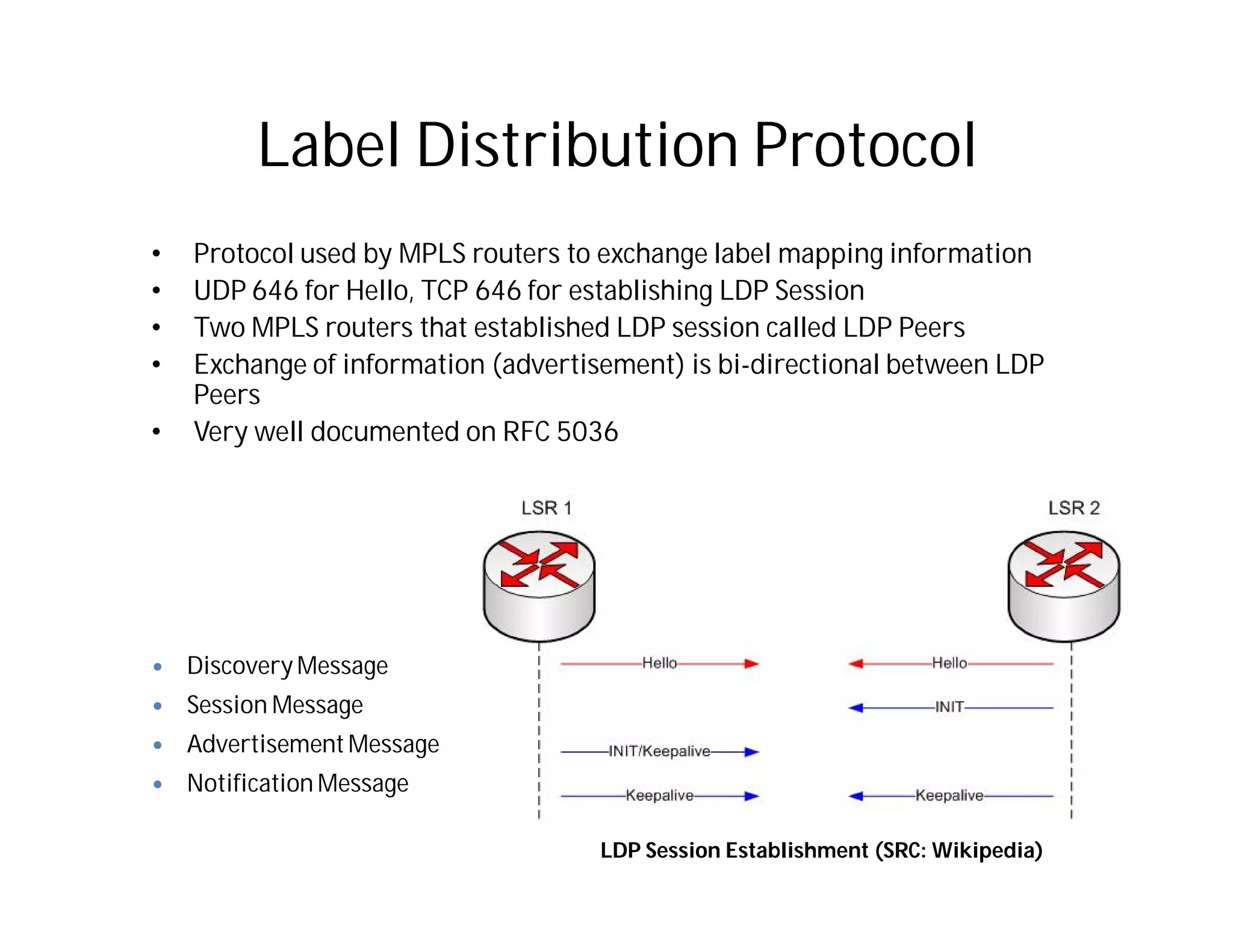 Label Distribution Protocol
• Protocol used by MPLS routers to exchange label mapping information
• UDP 646 for Hello, TCP 646 for establishing LDP Session
• Two MPLS routers that established LDP session called LDP Peers
• Exchange of information (advertisement) is bi-directional between LDP
Peers
• Very well documented on RFC 5036
LDP Session Establishment (SRC: Wikipedia)
 Discovery Message
 Session Message
 Advertisement Message
 Notification Message
 