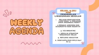 P E N G E N A L A N
L I N G K U N G A N S E K O L A H
1 . B E L A J A R M E N Y A N Y I K A N
L A G U A N A K “ 7 K E B I A S A N
A N A K I N D O N E S I A H E B A T ”
2 . M E N G I S I A S E S M E N D I R I
D I A G N O S T I K N O N K O G N I T I F
3 . I C E B R E A K I N G
4 . M E M I L I H S T R U K T U R
O R G A N I S A S I K E L A S
5 . R E F L E K S I K E G I A T A N
6 . M E N Y A M P A I K A N M P L S H a r i
k e - 3
WEEKLY
AGENDA
WEEKLY
AGENDA
S E L A S A , 1 5 J U L I
2 0 2 5
S E L A S A , 1 5 J U L I
2 0 2 5
 