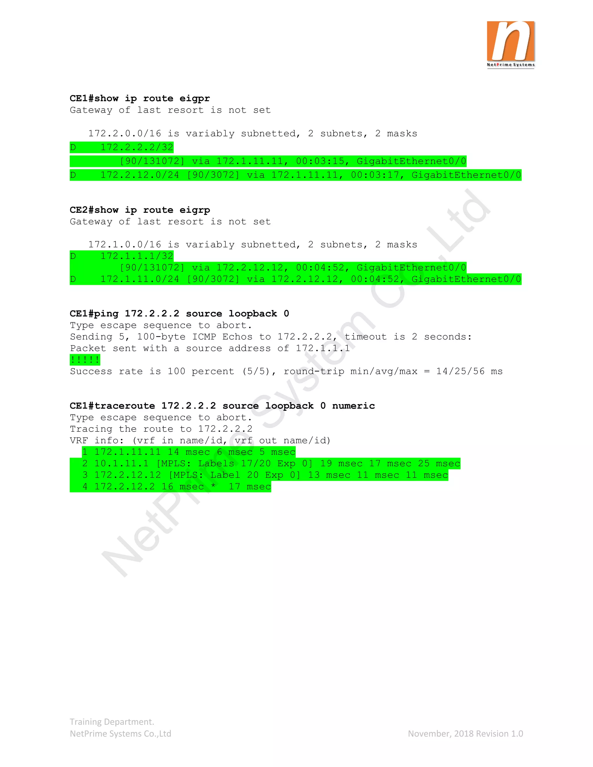 Training Department.
NetPrime Systems Co.,Ltd November, 2018 Revision 1.0
CE1#show ip route eigpr
Gateway of last resort is not set
172.2.0.0/16 is variably subnetted, 2 subnets, 2 masks
D 172.2.2.2/32
[90/131072] via 172.1.11.11, 00:03:15, GigabitEthernet0/0
D 172.2.12.0/24 [90/3072] via 172.1.11.11, 00:03:17, GigabitEthernet0/0
CE2#show ip route eigrp
Gateway of last resort is not set
172.1.0.0/16 is variably subnetted, 2 subnets, 2 masks
D 172.1.1.1/32
[90/131072] via 172.2.12.12, 00:04:52, GigabitEthernet0/0
D 172.1.11.0/24 [90/3072] via 172.2.12.12, 00:04:52, GigabitEthernet0/0
CE1#ping 172.2.2.2 source loopback 0
Type escape sequence to abort.
Sending 5, 100-byte ICMP Echos to 172.2.2.2, timeout is 2 seconds:
Packet sent with a source address of 172.1.1.1
!!!!!
Success rate is 100 percent (5/5), round-trip min/avg/max = 14/25/56 ms
CE1#traceroute 172.2.2.2 source loopback 0 numeric
Type escape sequence to abort.
Tracing the route to 172.2.2.2
VRF info: (vrf in name/id, vrf out name/id)
1 172.1.11.11 14 msec 6 msec 5 msec
2 10.1.11.1 [MPLS: Labels 17/20 Exp 0] 19 msec 17 msec 25 msec
3 172.2.12.12 [MPLS: Label 20 Exp 0] 13 msec 11 msec 11 msec
4 172.2.12.2 16 msec * 17 msec
N
e
t
P
r
i
m
e
S
y
s
t
e
m
C
o
.
,
L
t
d
 