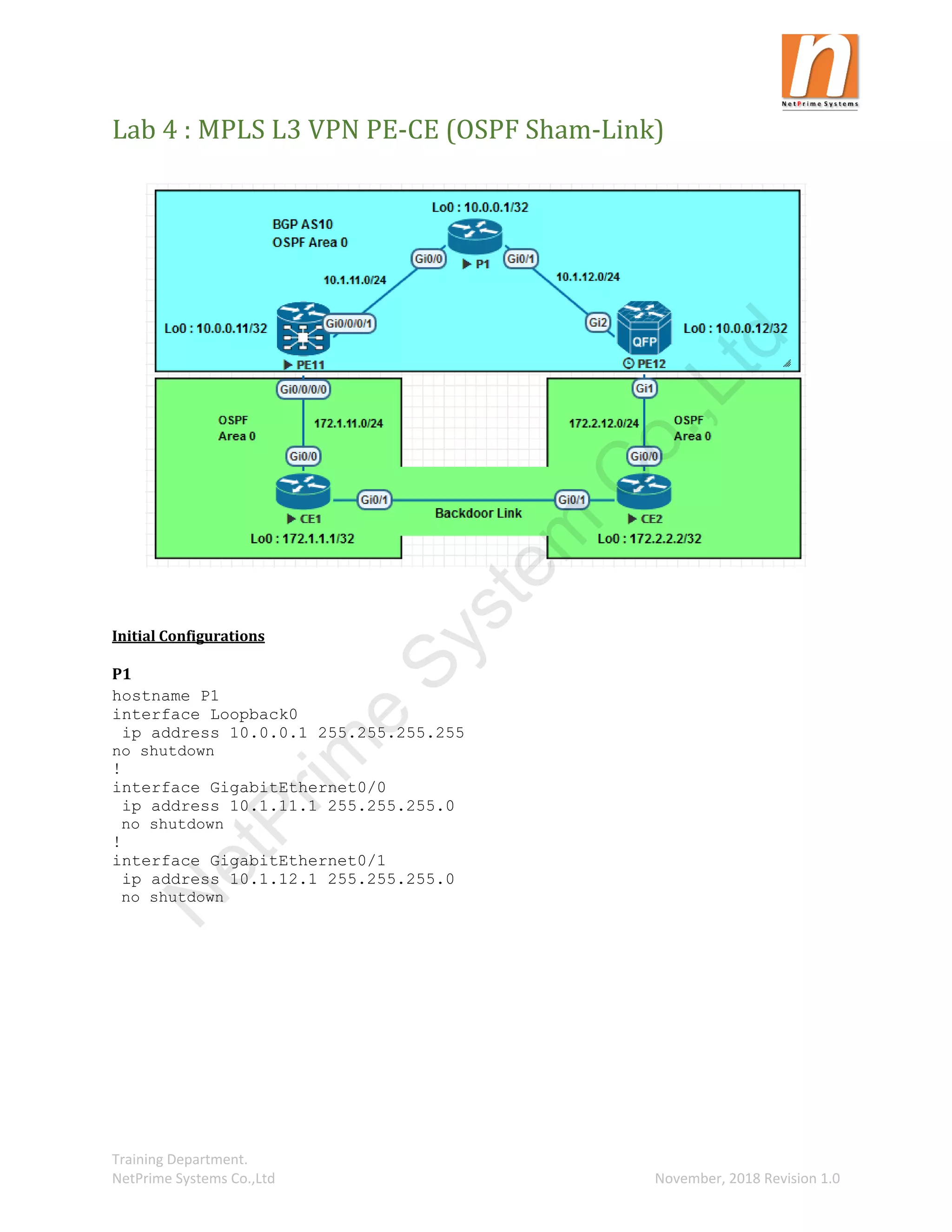 Training Department.
NetPrime Systems Co.,Ltd November, 2018 Revision 1.0
Lab 4 : MPLS L3 VPN PE-CE (OSPF Sham-Link)
Initial Configurations
P1
hostname P1
interface Loopback0
ip address 10.0.0.1 255.255.255.255
no shutdown
!
interface GigabitEthernet0/0
ip address 10.1.11.1 255.255.255.0
no shutdown
!
interface GigabitEthernet0/1
ip address 10.1.12.1 255.255.255.0
no shutdown
N
e
t
P
r
i
m
e
S
y
s
t
e
m
C
o
.
,
L
t
d
 